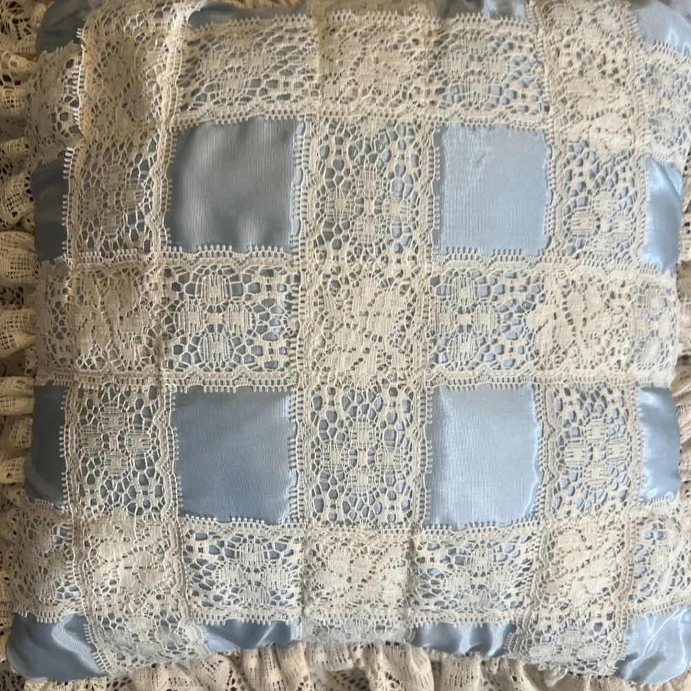 Vintage Satin & Lace Throw Pillow Grannycore Cottagecore Blue Ivory Cream